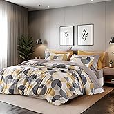Stylish Three-tone Printed Full Size Comforter Set, Bed in a Bag 9-piece Bedding Set, Ultra-Soft Microfiber Comforter and Sheets Set, Warm and Cozy for All Seasons, Mustard Yellow & Grey