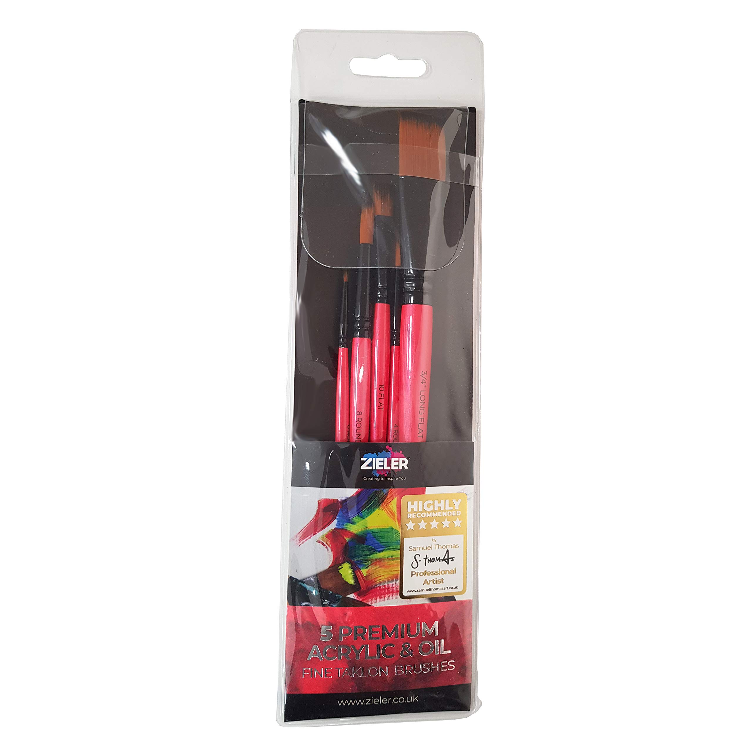 5 Artists Paintbrushes - by Zieler® - Soft nylon, anti-shedding hairs. Made from Kiln-dried hardwood, gloss finish (Acrylic & Oil)