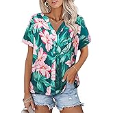 Womens Hawaiian Shirts V Neck Short Sleeve Button Floral Printed T-Shirt Summer Casual Pleated Trendy Blouses Tops