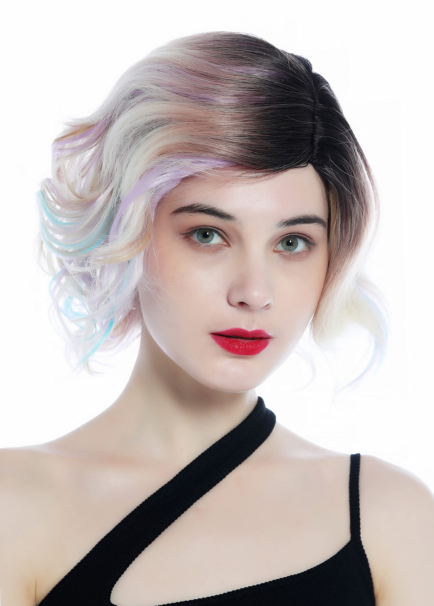 WIG ME UP - DW3334 Ladies' wig short wild wavy parting parted ombre dark brown with streaked pastel colours