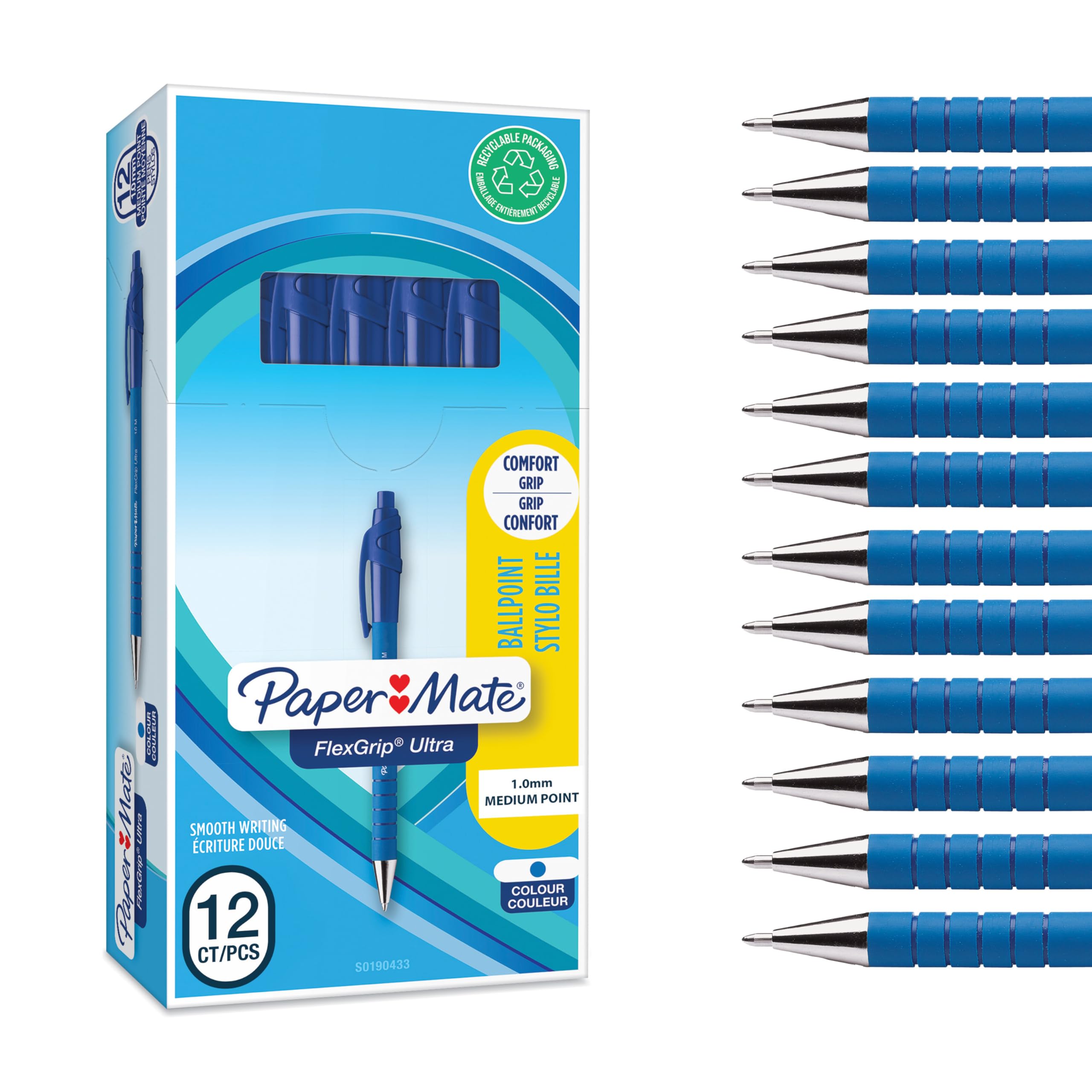 Paper Mate Flexgrip Ultra Retractable Ballpoint Pens | Medium Point (1.0mm) | Handwriting Pens & Stationery Supplies | Blue Pen Set | 12 Count