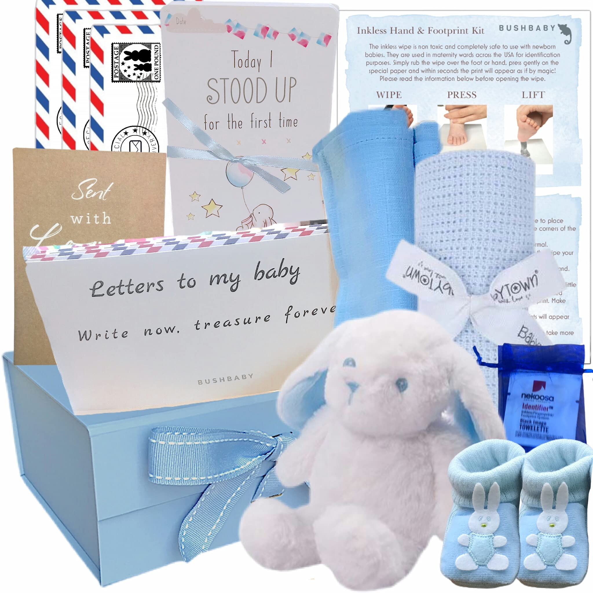 BUSHBABY Baby Gift Set - New Baby Boy Baby Shower Hampers in Keepsake Box with Unique Gifts - Boy Newborn - Mum to be - New Mum Baby Hamper Basket - Blue New Born Essentials Unusual Bundle