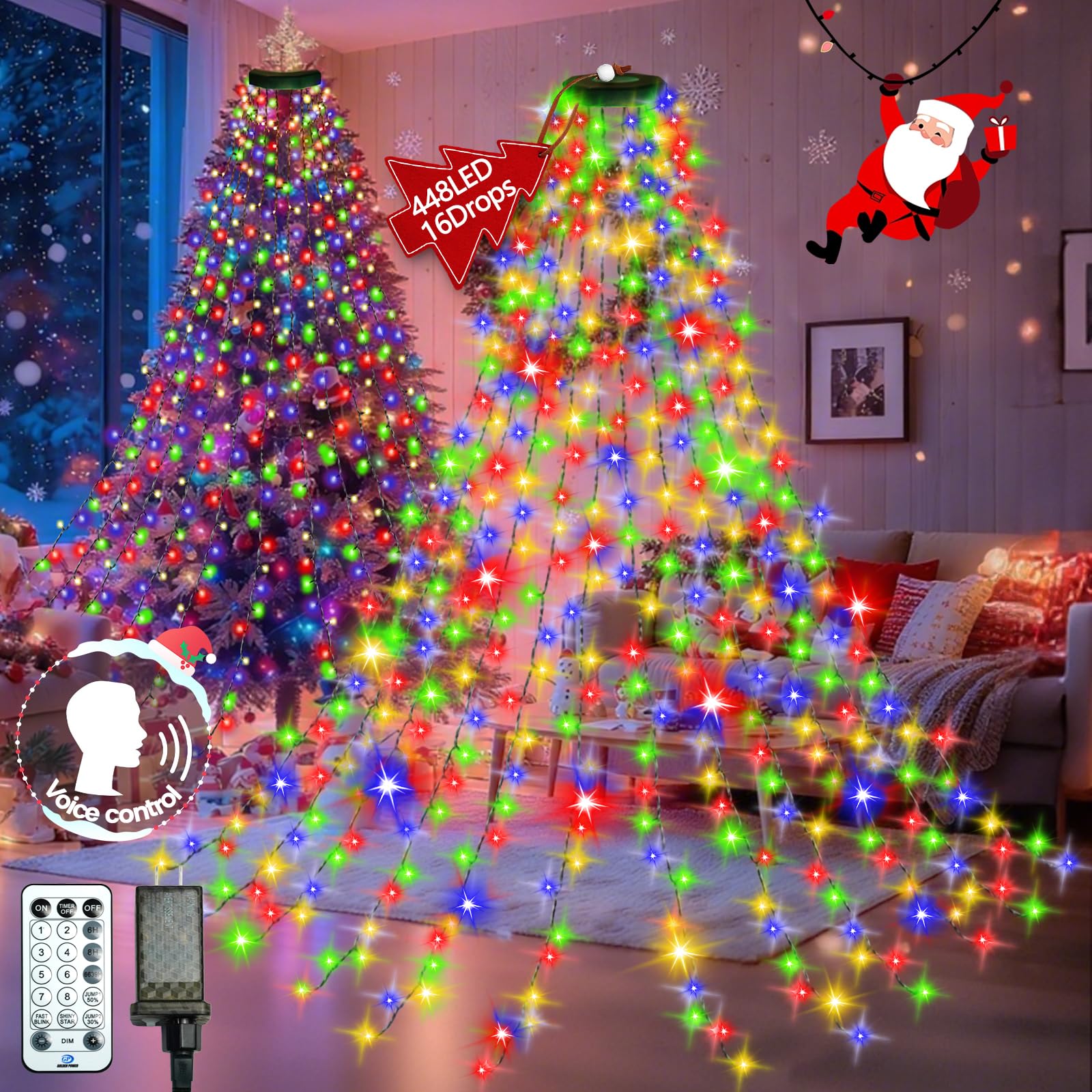 Photo 1 of 2025 New Christmas Tree Lights Indoor with Voice Control & Remote | 448LED Waterfall Tree Topper Lights with 12 Modes & Timer, 7FT x 16 Lines Cascading Twinkle Lights for 7FT Xmas Decor(Multicolor)