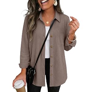 Zeagoo Womens Waffle Knit Shacket Button Down Long Sleeve Tops with Pocket | Collared Shirts for Women,Business Casual,Lightw
