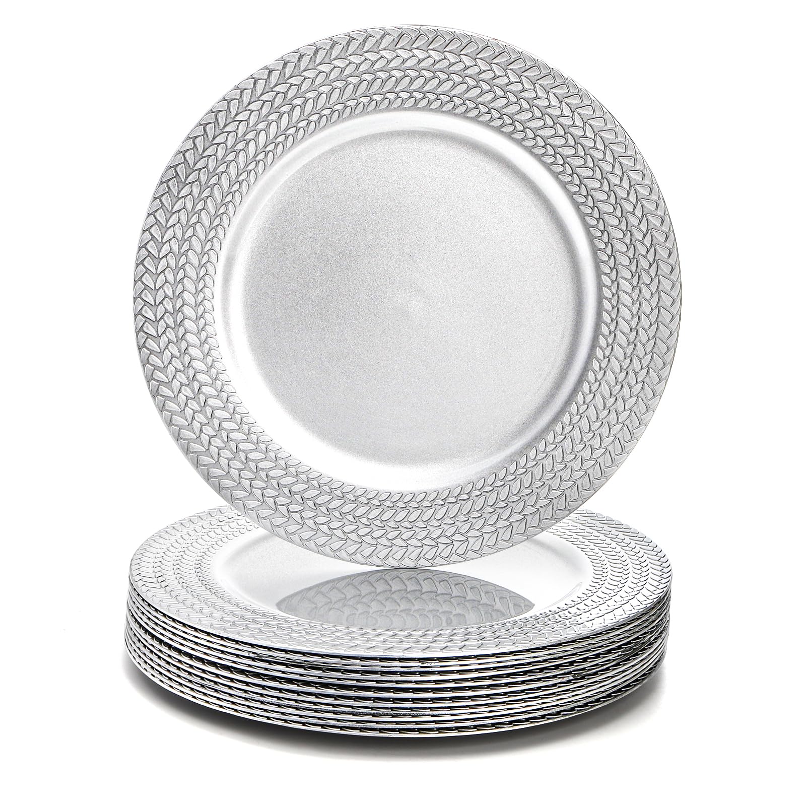 Photo 1 of SOUJOY 12 Pack Silver Charger Plates, 13 Inch Plastic Dinner Plate, Leaf Trim Antique Charger Plate for Weddings, Parties, Anniversary, Thanksgiving, Christmas