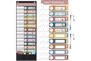 Chiisong Daily Schedule Pocket Chart, 14+1 Pocket, with 40 Pcs Reusable Dry Eraser Cards Calendar Pocket Chart for Classroom Toddler Schedule Chart Office Home Preschool Activity(Bohemian Style)