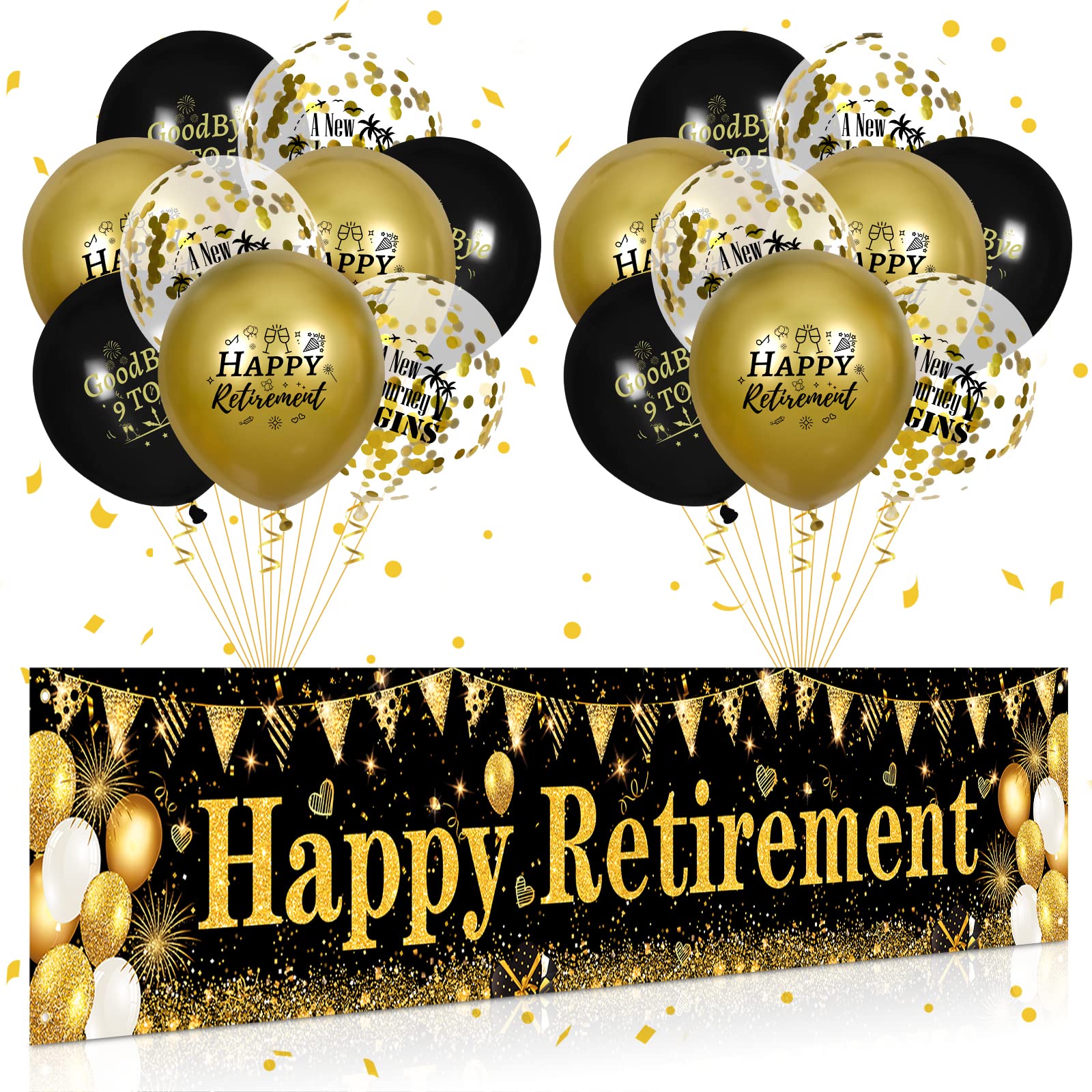 Photo 1 of Retirement Party Decorations Black Gold Happy Retirement Banner and 18pcs Balloons for Men and Women Large Black Gold Retire Yard Sign for Party Supplies