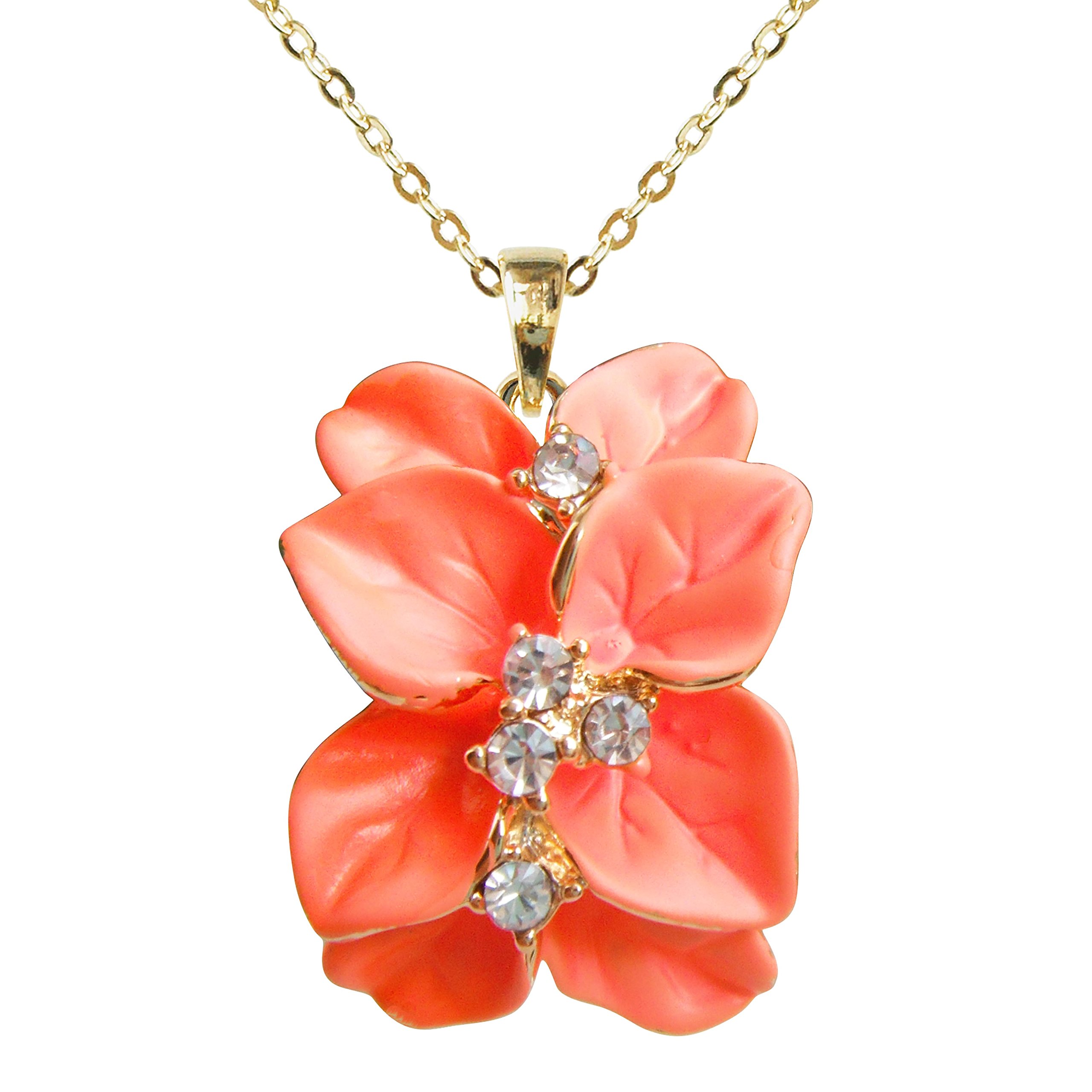 Navachi 18k Gold Plated Clear Crystal Orange Enamel Leaves Flower Az6072p Pendant Necklace 16"+2" — image 1
