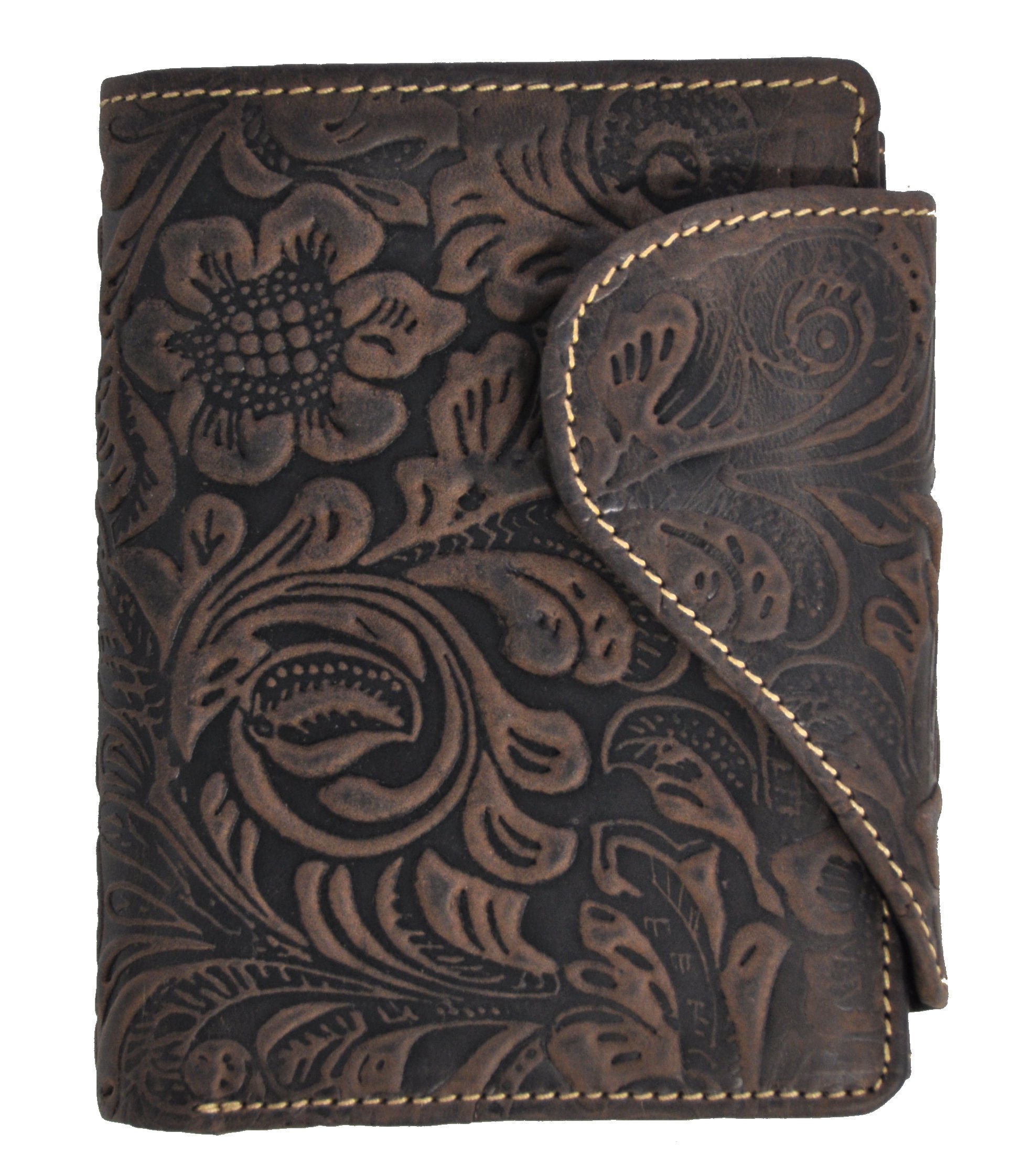 Feminine ladies’ wallet purse long, oil embossed full leather, Jockey Club floral motif, vines and blossoms