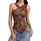 Rooscier Women's Print Mesh Asymmetrical Neck Going Out Sexy Bodysuit Top Leotard