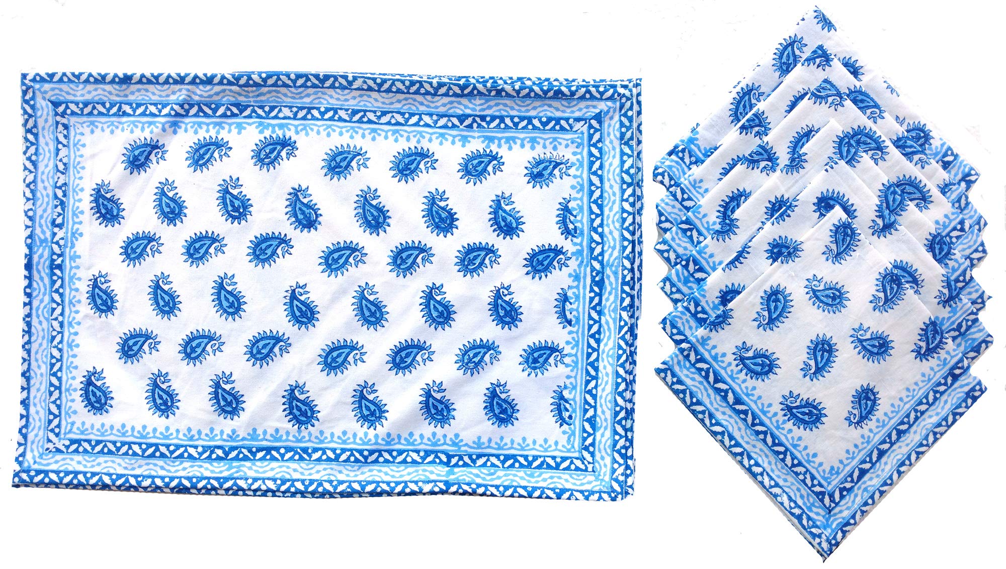 Rastogi Handicrafts Hand Block 100% Cotton Indian Style Theme Set of 6 Dining Table Mats and Napkins Place-mats Runners (BLUE 5)