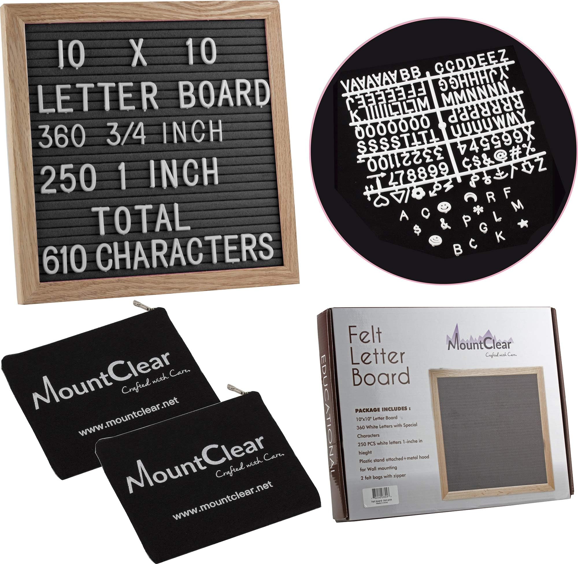 10” X 10” Felt Letter Board with 360 Changeable White Letters – Two Zippered Pouches- Plastic Stand and Metal Hook for Easy Display (Black)