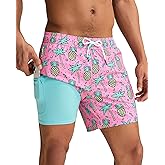 maamgic Mens Swim Trunks with Compression Liner 5 Inch, Quick Dry Bathing Suit with Zipper Pockets, No-Chafing Swim Shorts