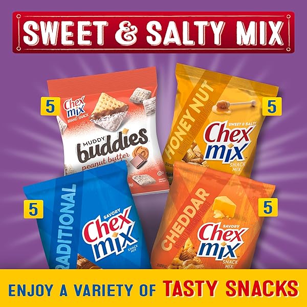 SWEET & SALTY SNACK VARIETY PACK, MUDDY BUDDIES PEANUT BUTTER & CHOCOLATE, CHEX MIX TRADITIONAL, CHEDDAR & HONEY NUT, 35 OZ (20 BAGS)