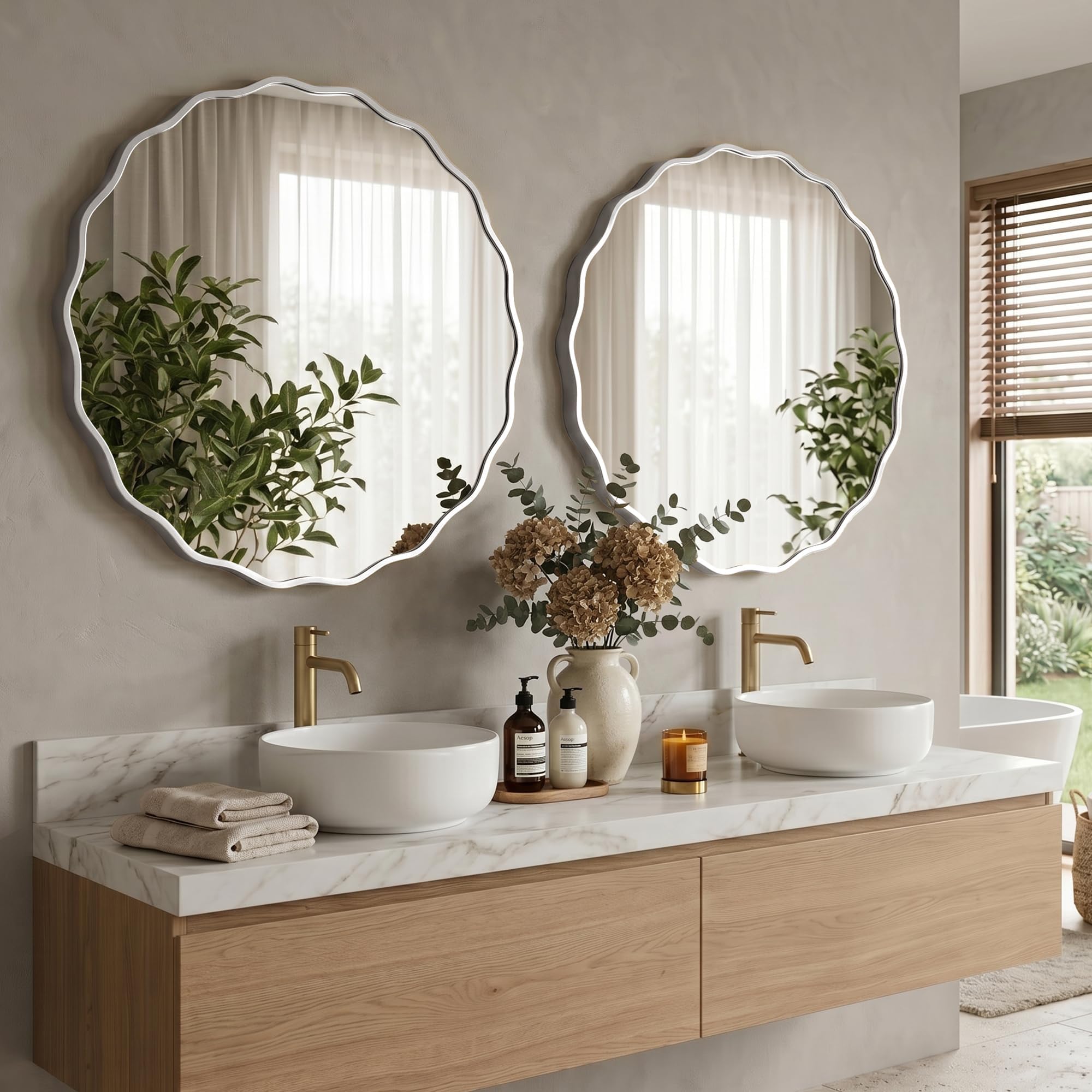 Fahomiss Wavy Runder Wandspiegel mit gebürstetem Aluminiumrahmen & gehärtetem Sicherheitsglas für Badezimmer, Flur & Wohnzimmer 3