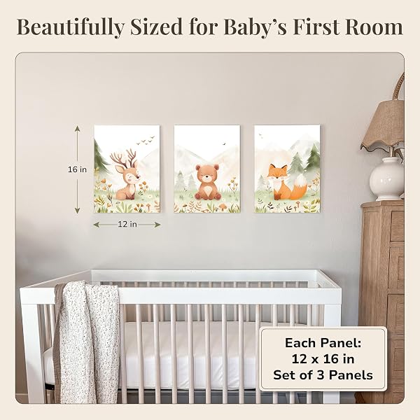 WOODLAND NURSERY WALL ART – SET OF 3 NEUTRAL 12×16 INCH ANIMAL CANVAS PRINTS (DEER, BEAR, FOX), PRINTED FROM ORIGINAL HAND-DRAWN ILLUSTRATIONS, FRAMED & READY-TO-HANG BABY ROOM DECOR FOR BOYS & GIRLS