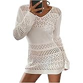 SweatyRocks Women's Beach Crochet Cover Ups Summer Swimwear Mesh Lightweight Long Sleeve Knitted Pullover Tops