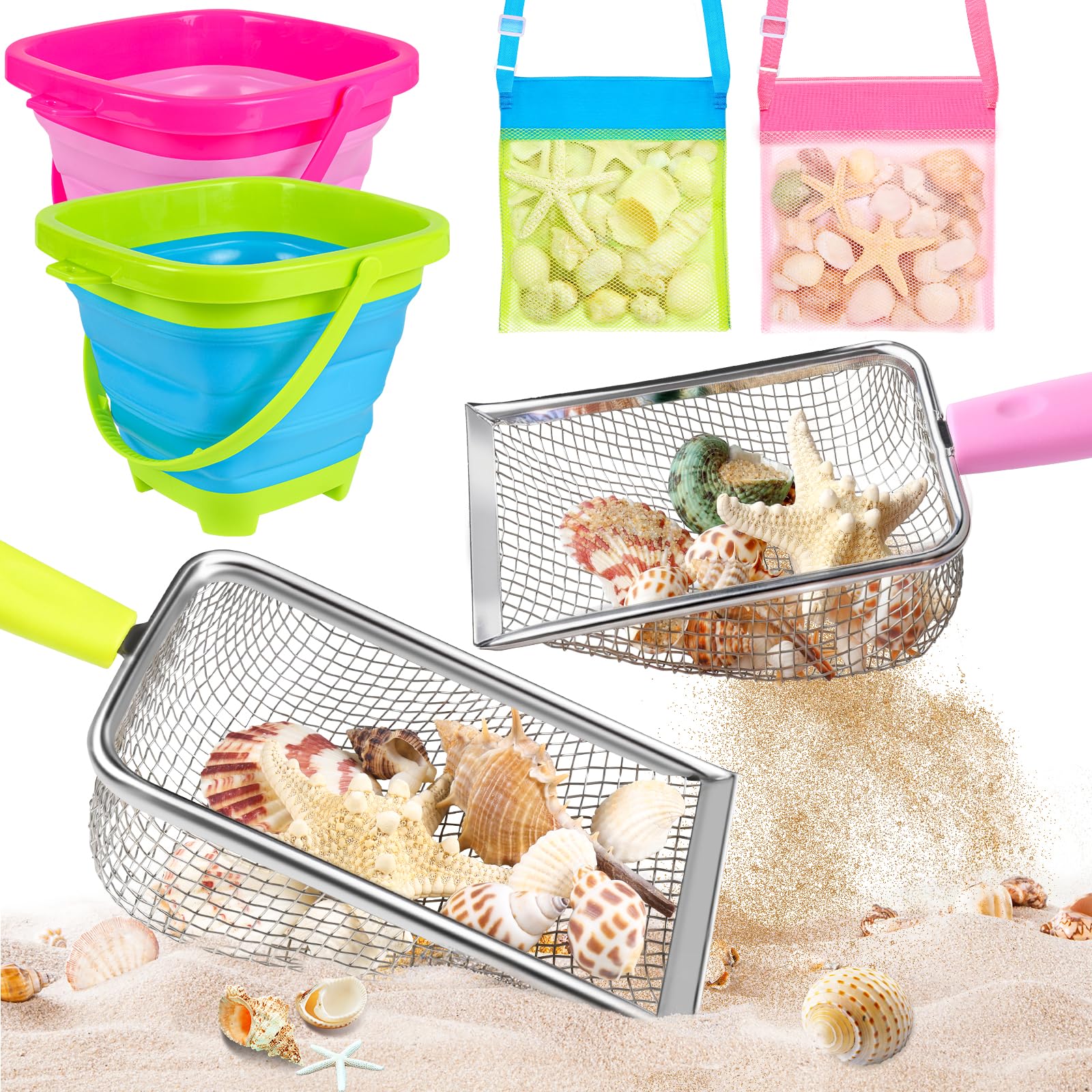 Meaicezli Beach Toys, 2 Packs Sand Toys for Shell Collecting, Collapsible Sand Buckets Shark Tooth Sifter and Mesh Bag, Shell Scooper for Beach Travel Essentials Kids Boys and Girls