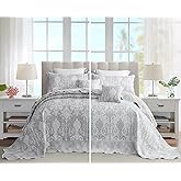 Blythease Oversized King Bedspread 128x120 Extra Wide, Jacquard Matelasse Damask Pattern Design, Lightweight, Reversible, 5 Piece, 100% Microfiber, Gray