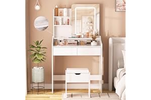 Vabches Vanity Desk with LED Light Mirror and Charging Station 30.3in, Small Vanity Set with 4 Storage Shelves 2 Drawers, Vanity for Girls Women with Storage Stool, Vanity Table for Bedroom (White)
