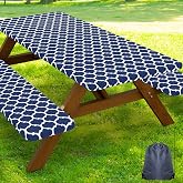 Smiry Picnic Table Cover with Bench Covers, Waterproof Elastic Fitted Tablecloth for 6 Foot Tables, Washable Polyester Tablecloths for Camping, Indoor &amp; Outdoor (Navy, 30x72 Inch 3-pc Set)