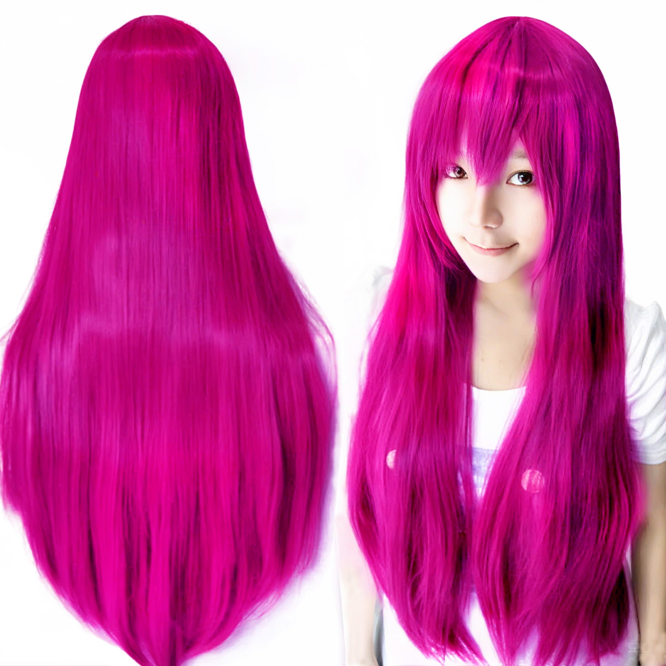IMISSU 80cm Long Straight Natural Hair Cosplay Wigs with Bangs Colorful Halloween Costume Party Wig for Girl (Rose)