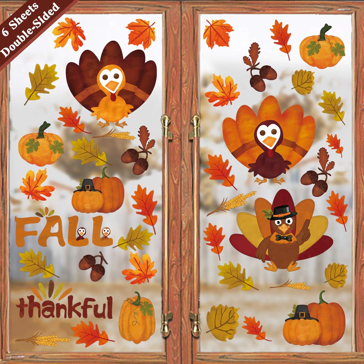 Window Treatments - Ivenf Thanksgiving Decorations Window Clings Decor, Extra Large Autumn Fall Leaves Turkey Pumpkin Decor Indoor for Kids School Home Office Classroom Harvest Party Gifts, Double-Side Printed, 6 Sheets