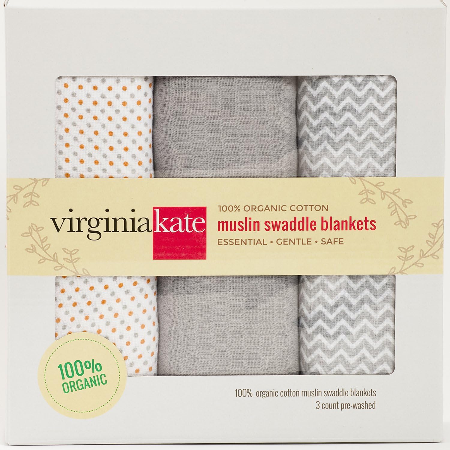 VK Muslin Swaddle Blankets: Organic Cotton Swaddles, Unisex, 3-pk, Newborn Baby