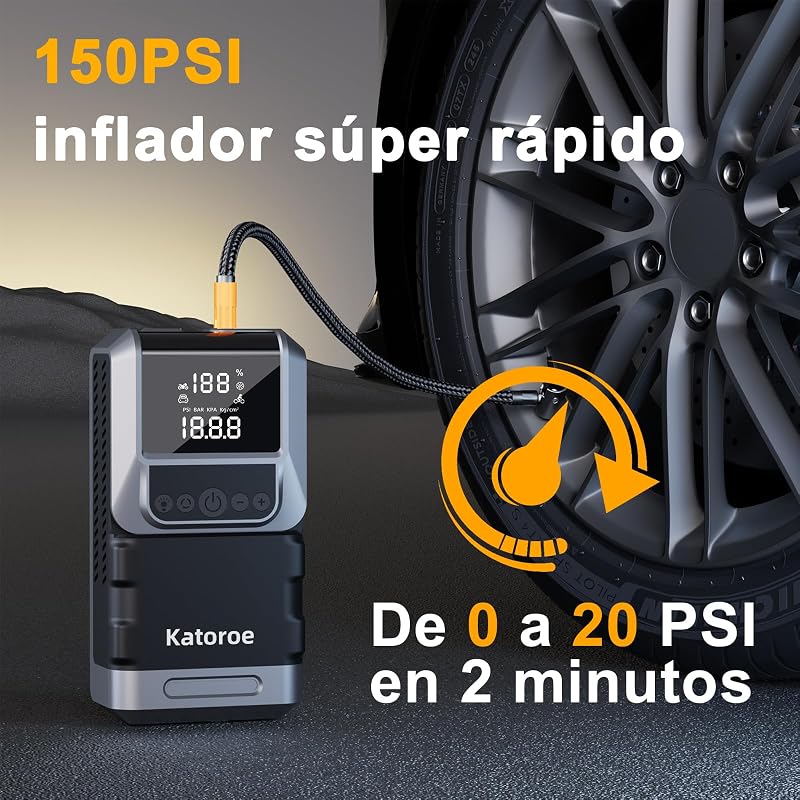 Arrancador de Coches 6000A con Compresor, 150PSI Inflador de Neumáticos, Arrancador de Baterias de Coche(10L Gasolina o 8L Diésel), 12V Jump Starter con Pantalla LED, Luz de Emergencia