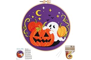 Nuberlic Halloween Embroidery Kits for Beginners Ghost Pumpkin DIY Cross Stitch Starter Craft Kits for Adults Including Cloth with Pattern Hoop Needles Instruction and Threads