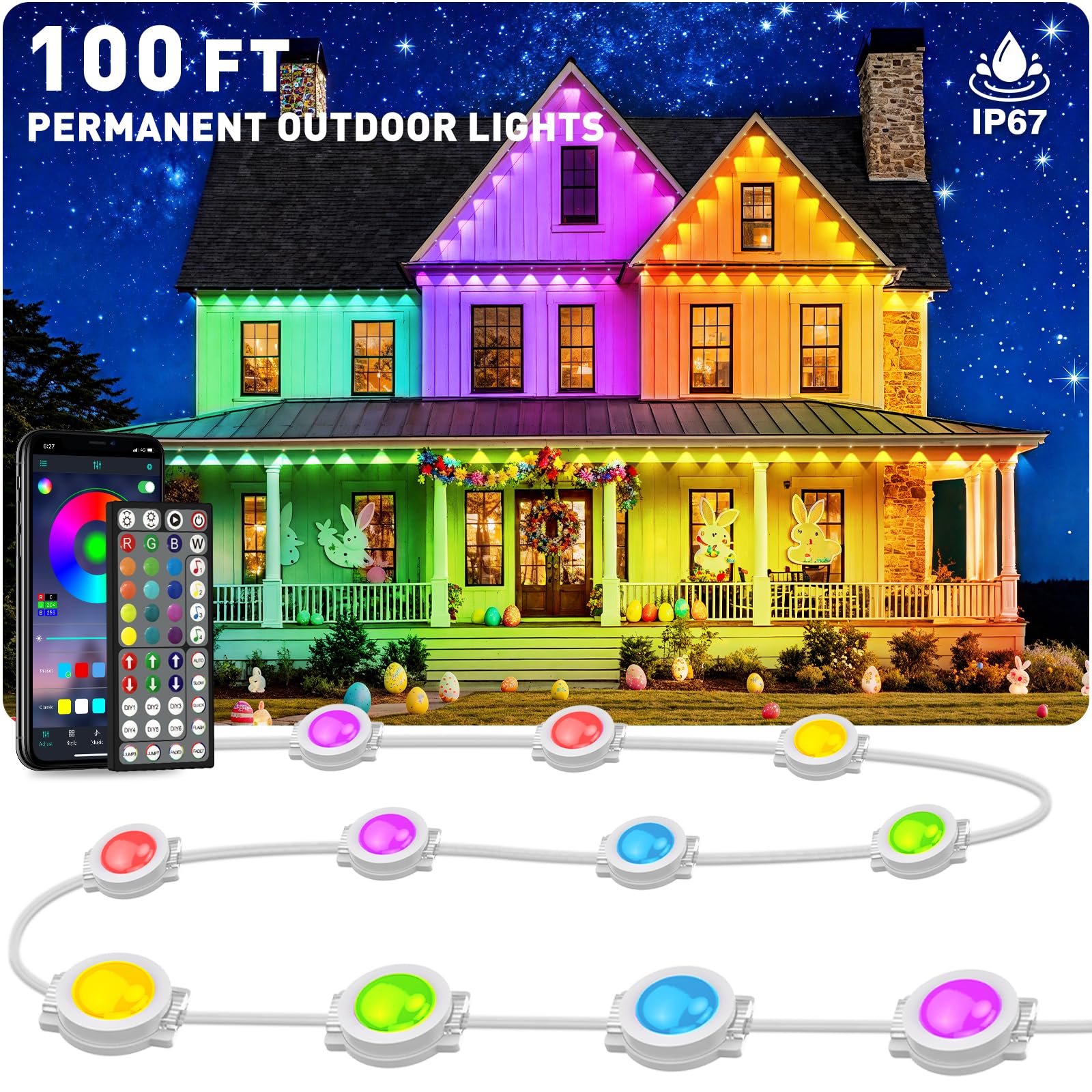 Photo 1 of ***DAMAGED - SEE NOTES/PICTURES*** INZIDOL100FT Permanent Outdoor Lights, IP67 Waterproof,for House Roof, Christmas, Holiday, Party, Daily Lighting, Smart RGB Outdoor Lights with Remote APP Control & DIY Scenes (100FT)