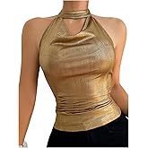 SHENHE Women's Metallic Halter Tops Draped Front Open Back Sexy Sleeveless Ruched Party Top