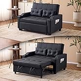 VINGLI Convertible Loveseat Sleeper Sofa Bed, Pullout Couch for Living Room | Black Futon Sofa Bed, Faux Leather Pull-Out Couch Bed with USB Ports, Cup Holders for Small Space, Apartment, Office