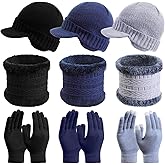 Jeere 9 Pcs Winter Hat Scarf Gloves Set with Knit Fleece Lined, Including 3 Pcs Winter Ear Flap Hats, 3 Pairs Touch Screen Mittens, 3 Bulk Neck Circle Scarves for Men,christmas Birthday Gift, homeless