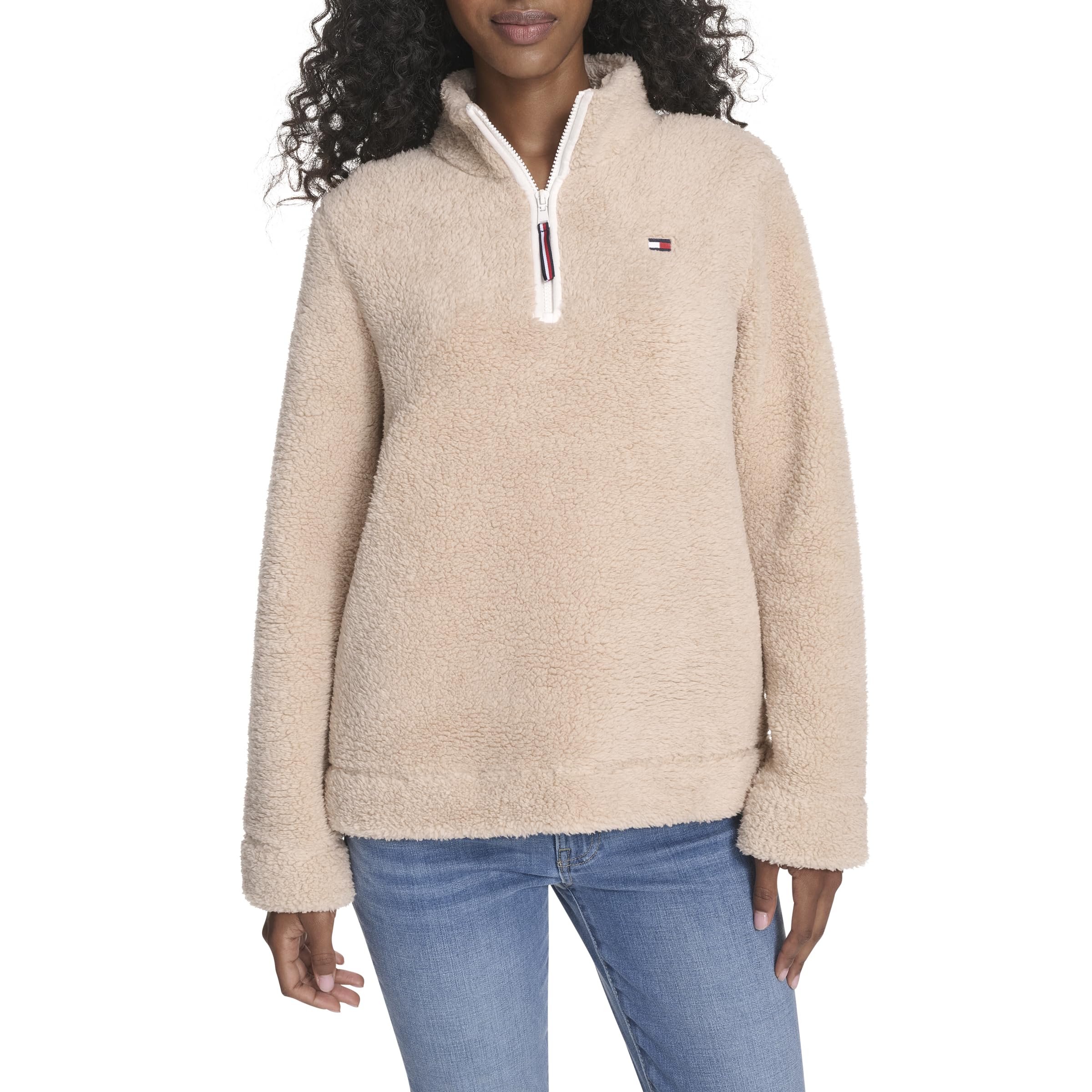 Tommy Hilfiger Women’s Sportswear 1/4 Zip Mockneck Sherpa Pullover, Light Heather Fawn, Large