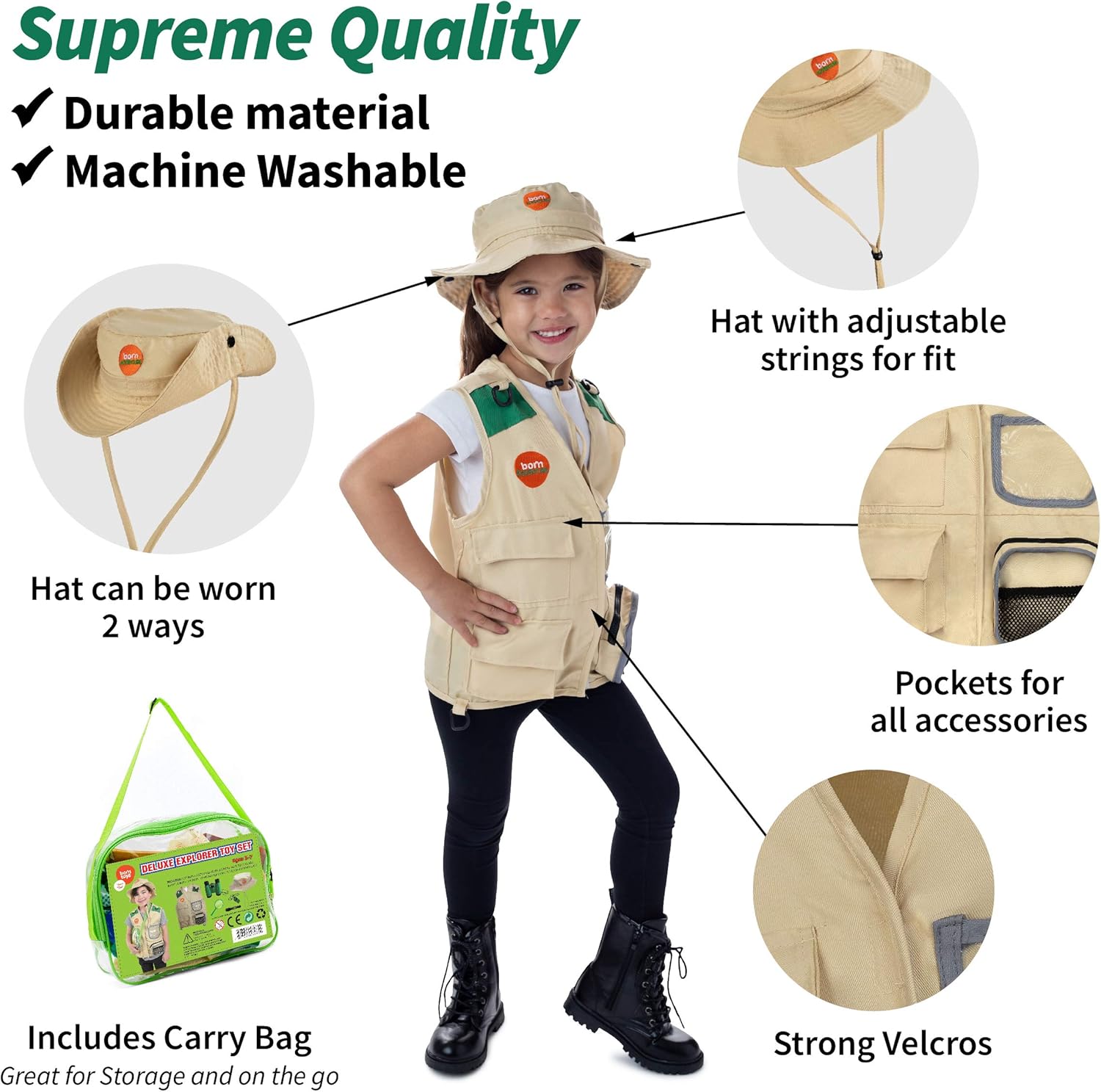 Born Toys Outdoor Explorer Kit for boys and girls with WASHABLE Premium Safari Vest and adventure kit with SCAVENGER HUNT: Clothing