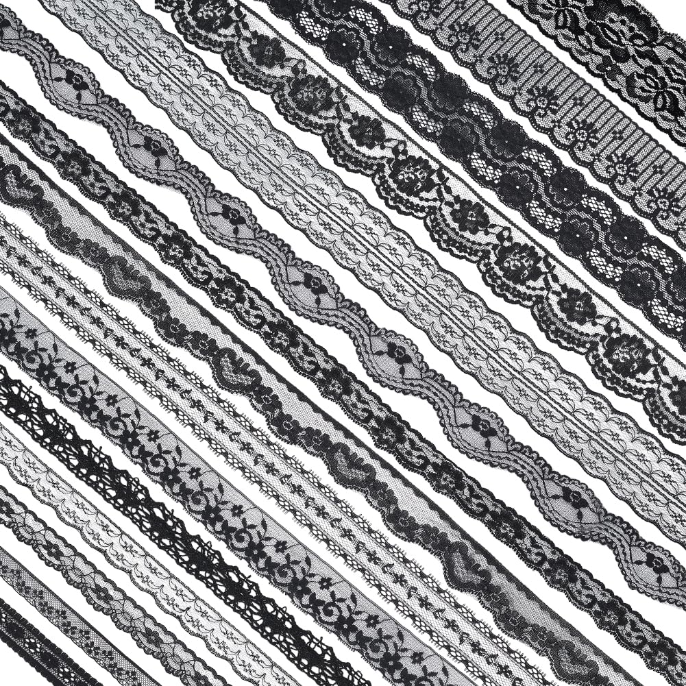 BENECREAT 15 Rolls 37.5 Yards Black Floral Pattern Fabric Lace Ribbon by the Roll for Wedding Invitation, Cards, Decorating, Sewing, Hair Bow Making, Gift Package Wrapping, Mixed Size