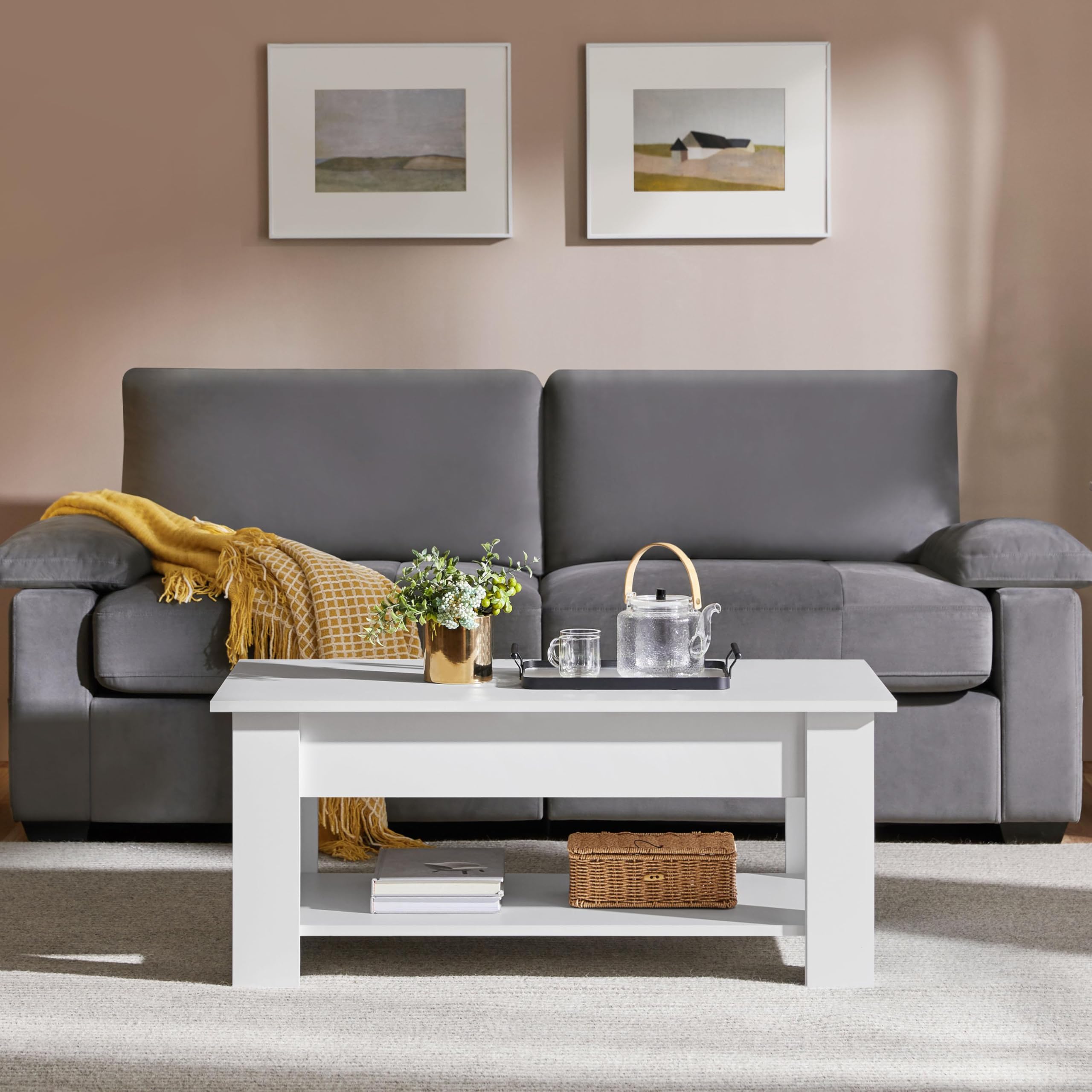 Yaheetech Couchtisch mit Höhenverstellbarer Platte Kaffeetisch ausziehbarer Wohnzimmertisch Sofatisch für Wohnzimmer, Büro, weiß 2