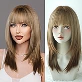 7JHH WIGS 20In Long Straight Layered Cut Wig with Bangs Brown Hair Tail Dye Wig With Brown Roots Heat Resistant Synthetic Shoulder Length Natural Looking Wigs for Women Cospaly Daily Used