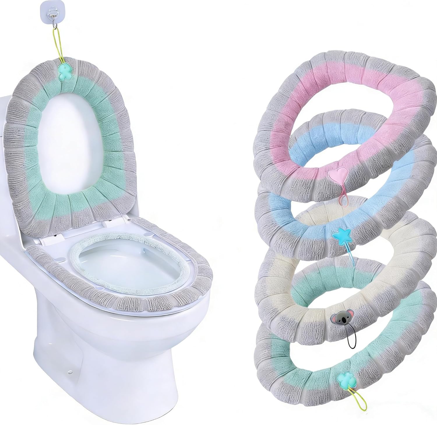 Soft Toilet Seat Cover, Washable Plush Fabric Cushion with Handle, Universal Fit Thick Warm Pad, Assorted Colors, Round, 4 Pack