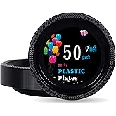 WELLIFE Black Plastic Plates 9 Inch 50 Count Disposable Plate for Party Plastic Plate for Dinner Dessert Party Supplies Birthday Camping BBQ