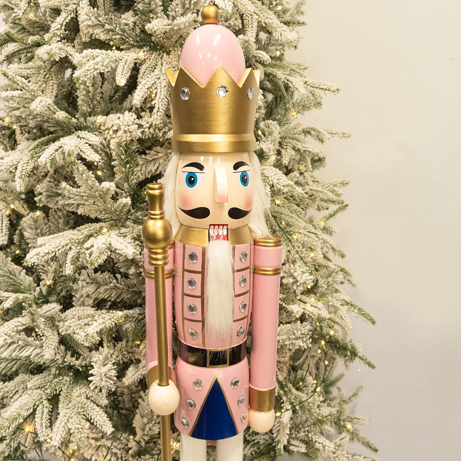Nutcrackers - KI Store 4ft Christmas Nutcracker Wooden Pink King Nutcracker Figurine Christmas Decorations for Front Door Christmas Tree Mantel Fireplace