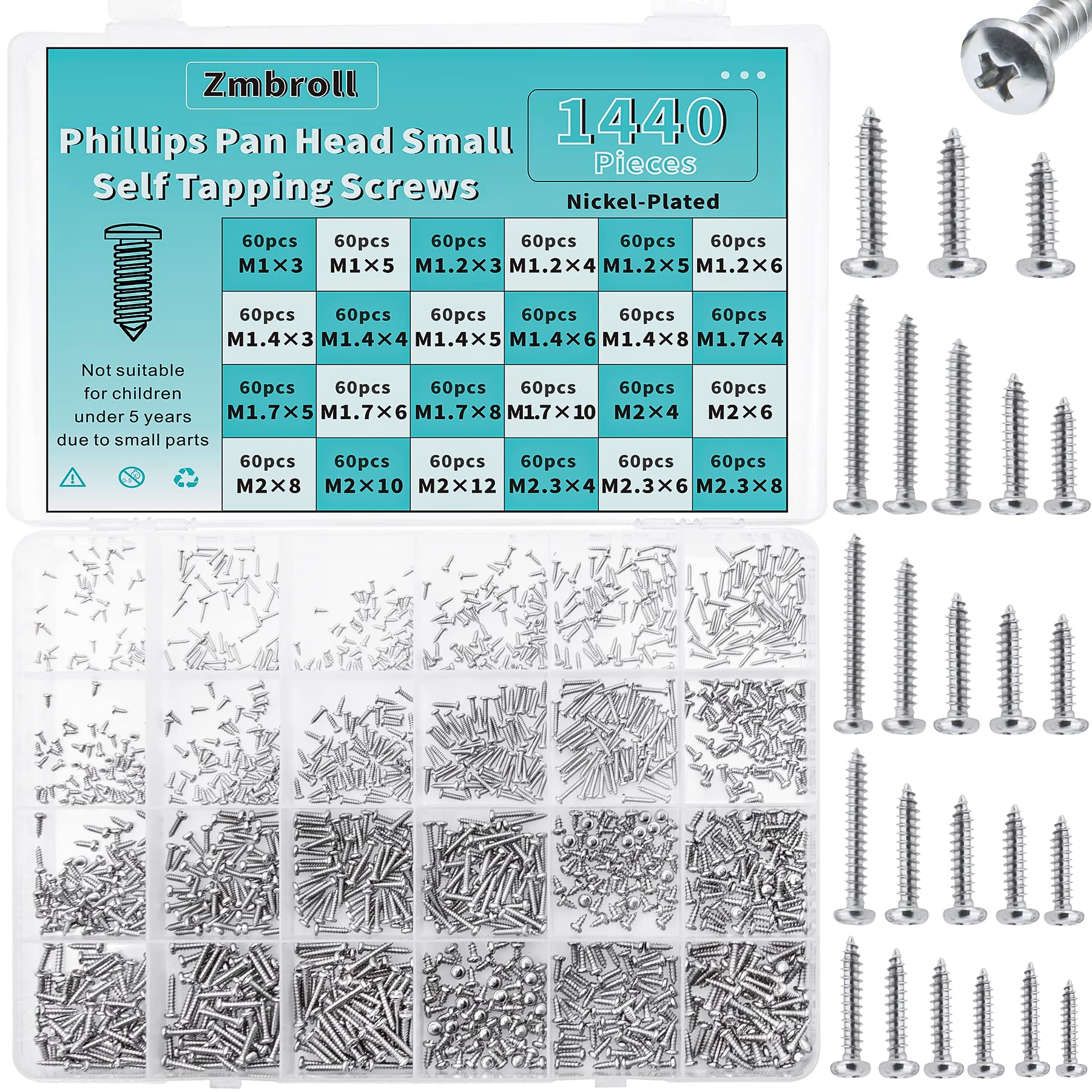 Zmbroll 1440 Pcs Mini Screws - Self Tapping Phillip Pan Head Micro