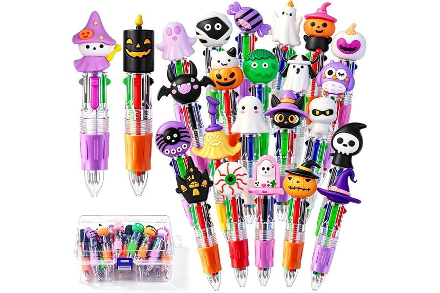 24PCS Halloween Fun Mini Multicolor Pens 4-in-1 for Party Favors Gift | Halloween Retractable Ballpoint Pens Cute Pumpkin Ghost Bat Witch Skull Pens Halloween Goodie Bag Fillers Classroom Rewards