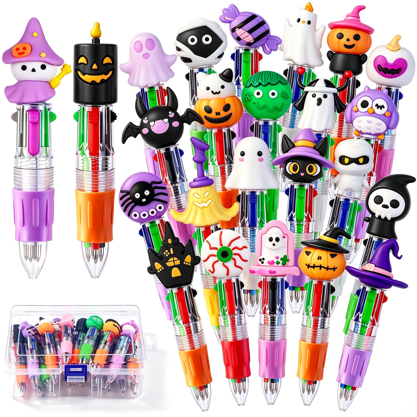 24PCS Halloween Fun Mini Multicolor Pens 4-in-1 for Party Favors Gift | Halloween Retractable Ballpoint Pens Cute Pumpkin Gho