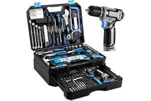 Tool Set: Tool Kit with 12V Cordless Drill, Hand Toolbox with Storage case, Mechanic Tool Set for Home Repairs, Blue