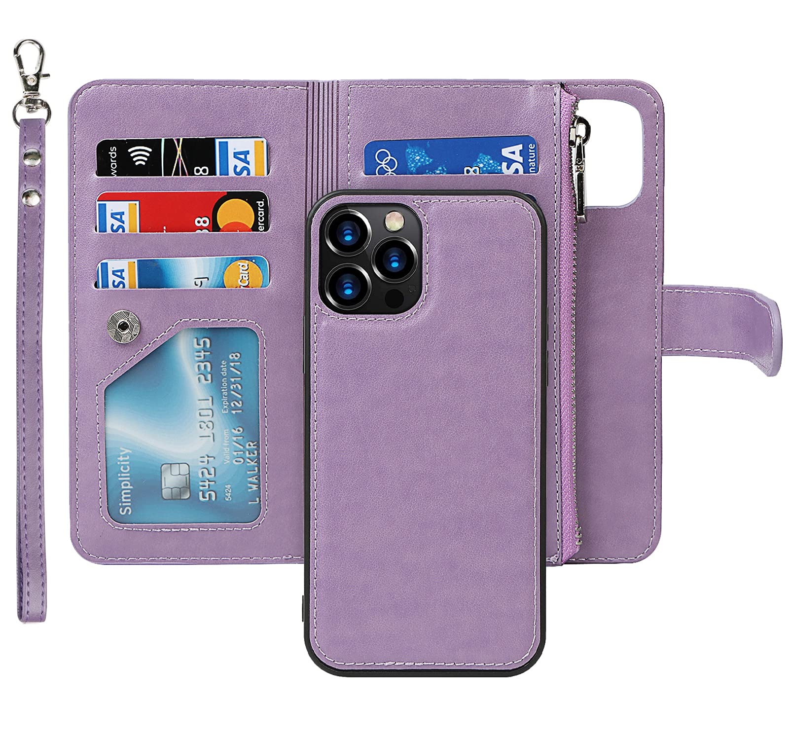 Photo 1 of iCoverCase for iPhone 11 Pro Wallet Case with Card Holder and Wrist Strap, PU Leather Kickstand Card Slots Zipper Pocket Magnetic [Detachable] Flip Cover Case 5.8 Inch (Purple)
