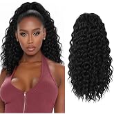 Isaic Ponytail Extension,Curly Drawstring Ponytail for Black Women，16 Inch | Synthetic drawstring ponytail with instant volume,fluffy style for daily wear, Black