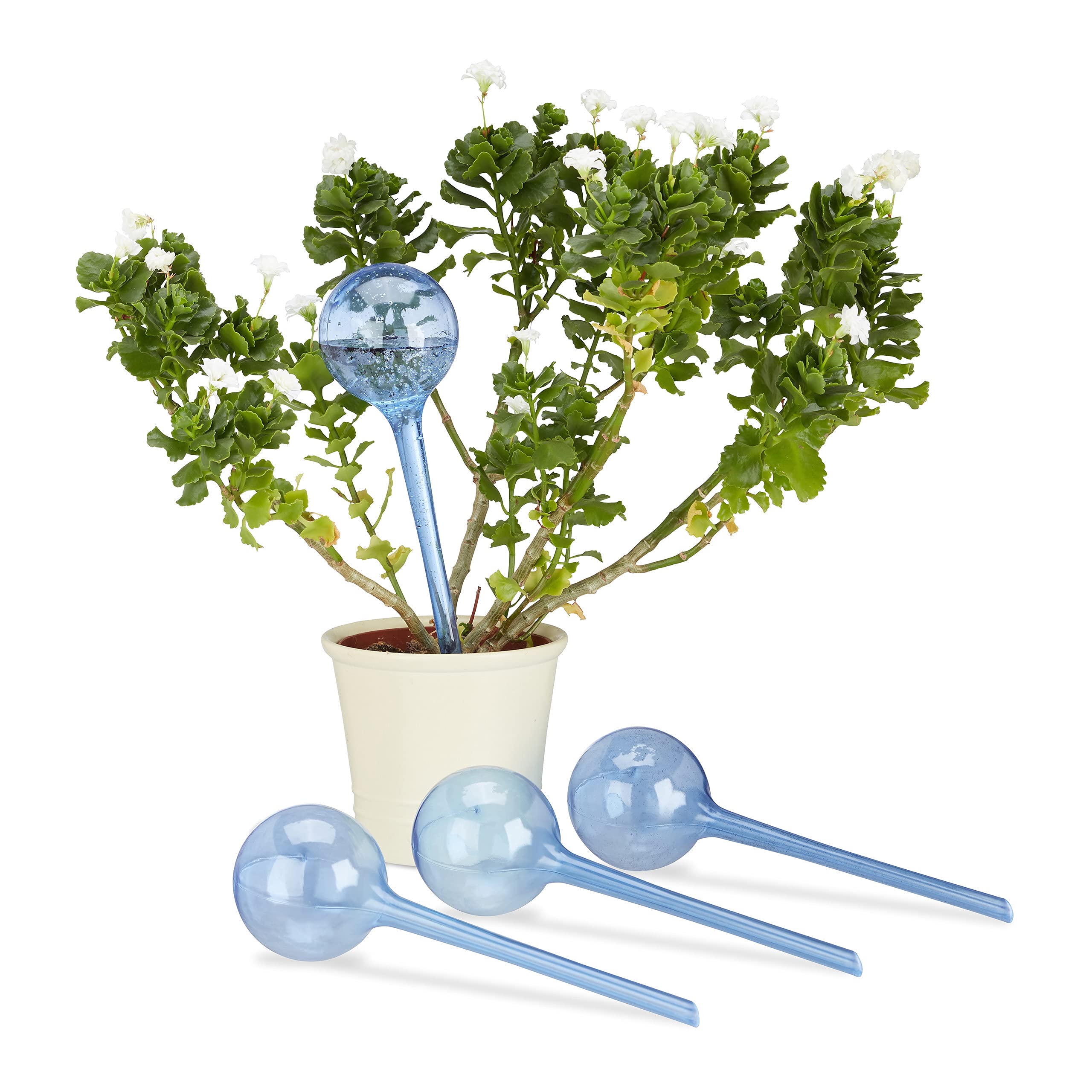 Relaxdays Watering Globes, Set of 4, Regulated Irrigation, 2 Weeks, Pot Plants, Plastic Sphere, Bulb, Blue, 22 x 22 x 16 cm