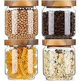 Homtop Glass Storage Containers Set of 4, 15 FL OZ High Borosilicate Glass Jars Kitchen Food Canisters with Acacia Wood Lids for Coffee Beans/Sugar/Tea/Nuts